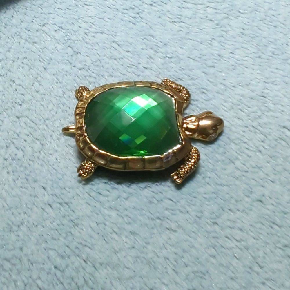 Vintage Napier Goldtone Turtle Brooche Cushion Cut Green Acrylic Cabochon - Picture 10 of 10
